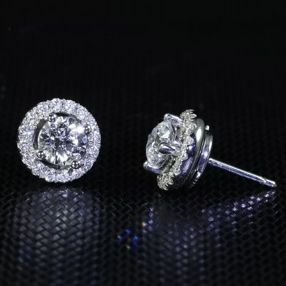 NEW Round Diamond Halo Stud Earrings - Picture 2 of 4